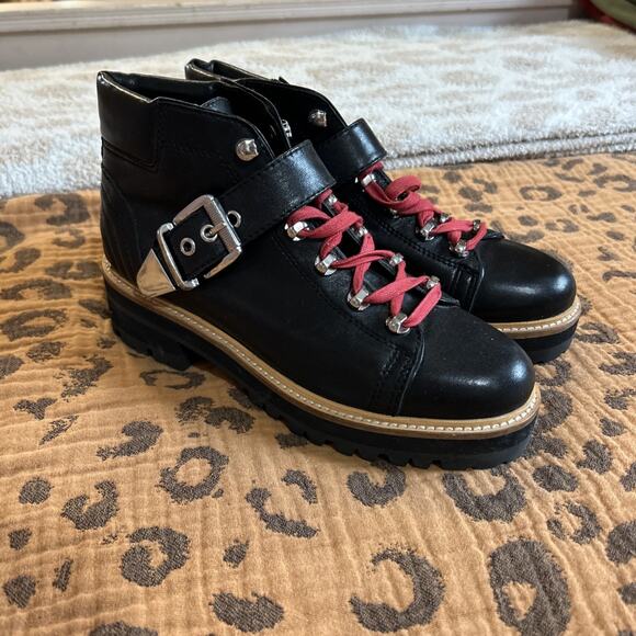 Marc Fisher Indre Leather Platform Lug Sole Hiker Boots Booties Black 6.5 Buckle - Picture 1 of 7